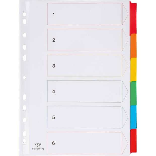 Pergamy tabbladen met indexblad, ft A4, 11-gaatsperforatie, geassorteerde kleuren, 6 tabs 50 stuks