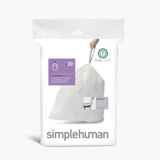 Simplehuman - Vuilniszakken Code U 55-80 liter Pak van 20 Stuks - Kunststof - Wit