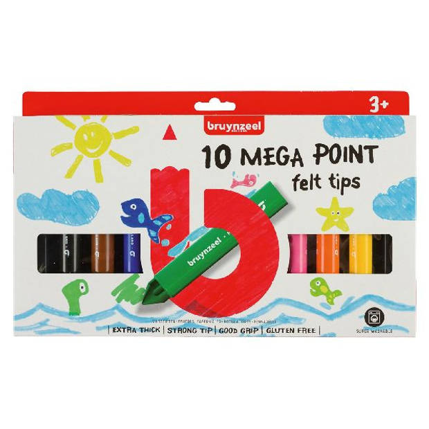 Bruynzeel Kids viltstiften Mega Point, blister van 10 geassorteerde kleuren