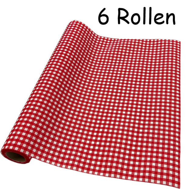 3-IN-1 ROL Tafelloper en Placemats Airlaid - Vichy Rood/Wit Geblokt - 40 x 480 cm - 6 Rollen