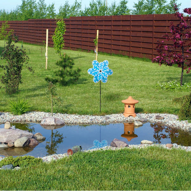 Relaxdays windmolen bloem - decoratieve tuinsteker - met stippen - tuindecoratie - blauw