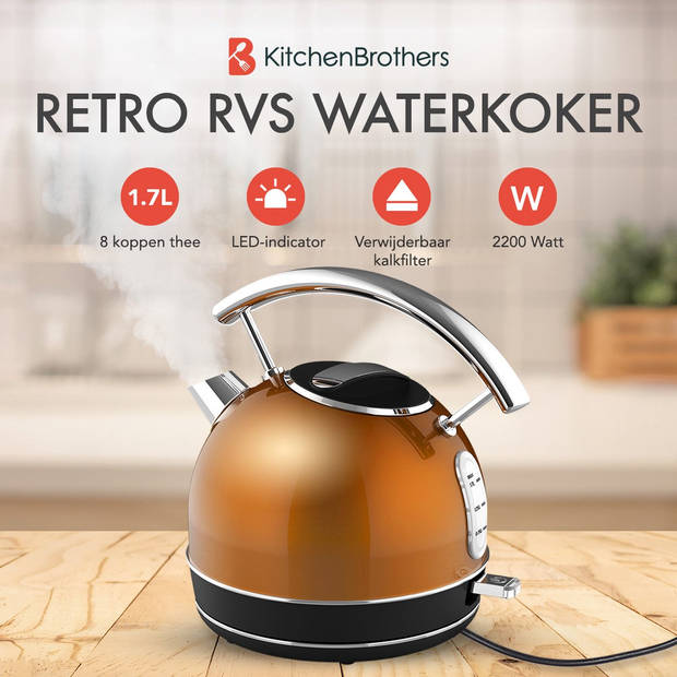 KitchenBrothers Waterkoker Retro - 1,7L - Vintage - 2200W - RVS - Koper