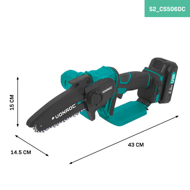 VONROC Mini Kettingzaag 20V – 152mm Incl. 2x 2.0Ah accu’s en snellader