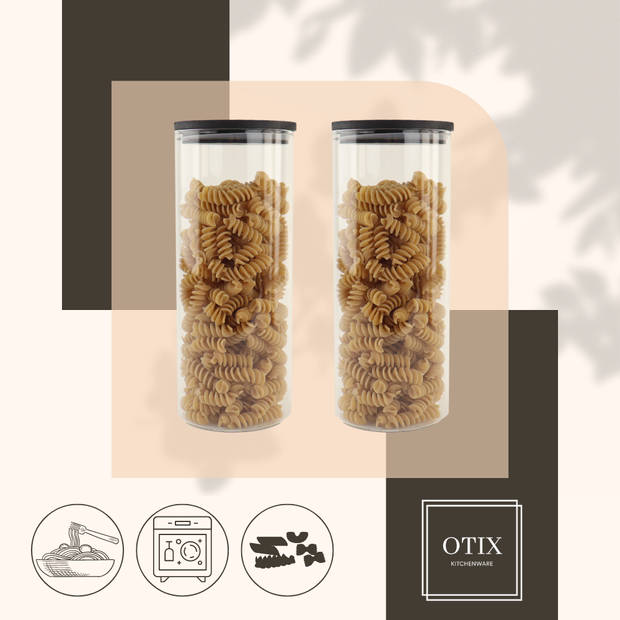 OTIX Voorraadpot - Glas - met Deksel - Set van 2 - 1050ml - Zwart - Hout