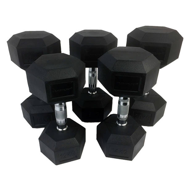 Tunturi Rubber Dumbbell Set - Dumbellset - 12-20 kg (5 sets - 12/14/16/18/20kg) - incl. gratis fitness app