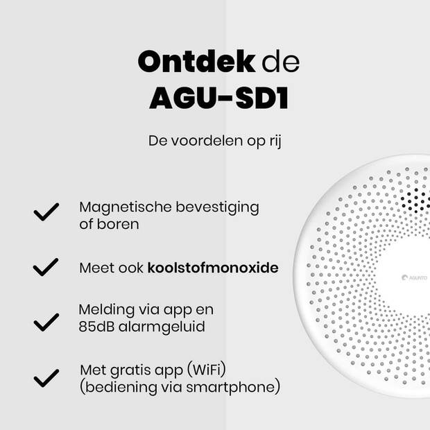 Agunto AGU-SD1 Slimme Rookmelder En CO Melder - Melding Via App - EU EN14604 - WiFi