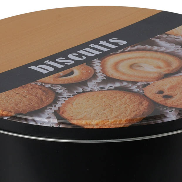 Excellent Houseware koektrommel/voorraadblik Biscuits - metaal - zwart/bruin - 22 x 6.5 cm - Voorraadblikken