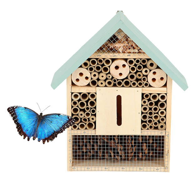 Esschert design insectenhotel - hout - mintgroen/naturel - 24.5x10.5x29cm - bijenhotel/Insectenhuis - Insectenhotel