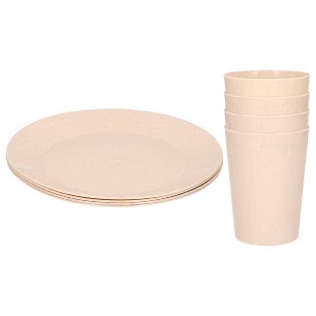 Setje van 8x diner/ontbijt bekers/bordjes van afbreekbaar bio-plastic in het eco-beige - Campingborden