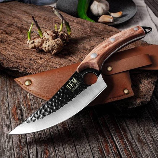 T&M Knives Professioneel Koksmes Vlijmscherp van RVS Japans Ergonomisch Handvat Bruin 27CM