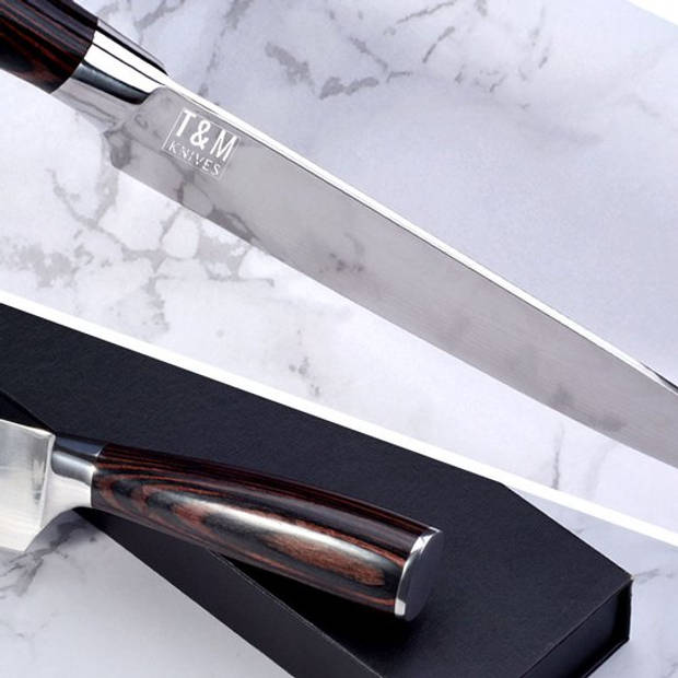 T&M Knives Vleesmes Pakkas XL Japans Koksmes Van Gehamerd Staal Met Vingerbeschermer Messenslijper en Cadeaubox