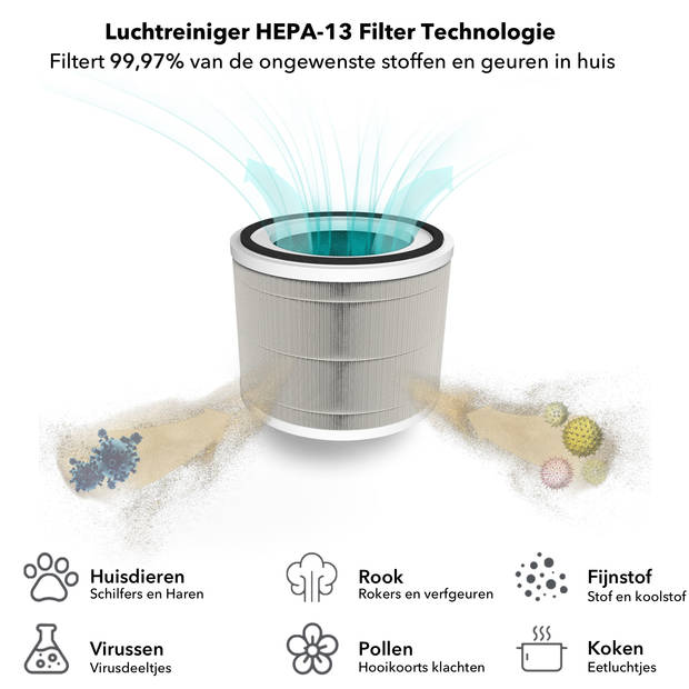 HEPA 13 Luchtfilter - 99% effectief tegen huisstofmijt, hooikoorts, allergie, stof - 3 Laags filter