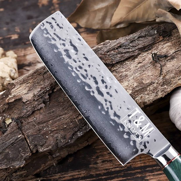 T&M Knives Santokumes Koksmes Damascus Staal Japans Nikiri Hakmes Emerald Incl. Giftbox Met Premium Beschermcover