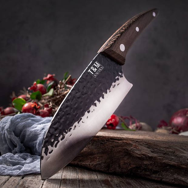 T&M Knives Hakmes Viggos Premium Koksmes Van Gehamerd Staal Inclusief Cadeaubox 32cm