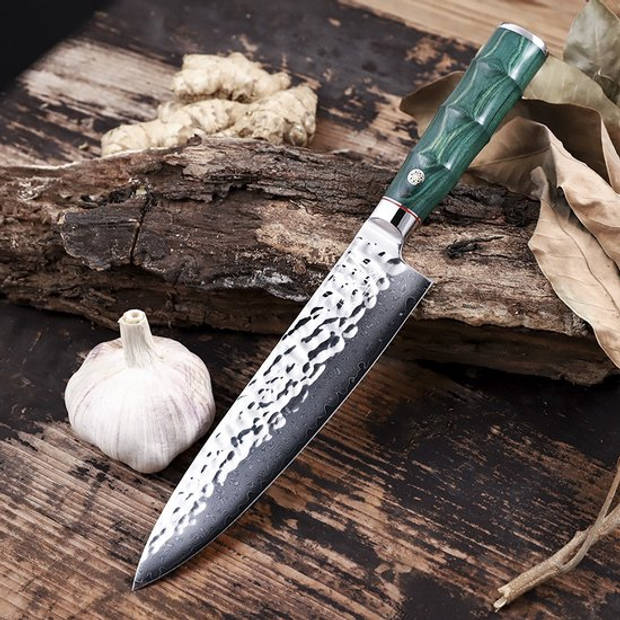 T&M Knives Santokumes Koksmes Damascus Staal Kiritsuke Hakmes Emerald Incl. Giftbox Met Beschermcover