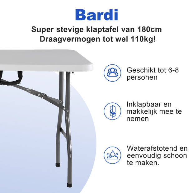 Bardi Inklapbare Campingtafel 180 x 74 x 73 cm. Wit - 6 tot 8 Persoons