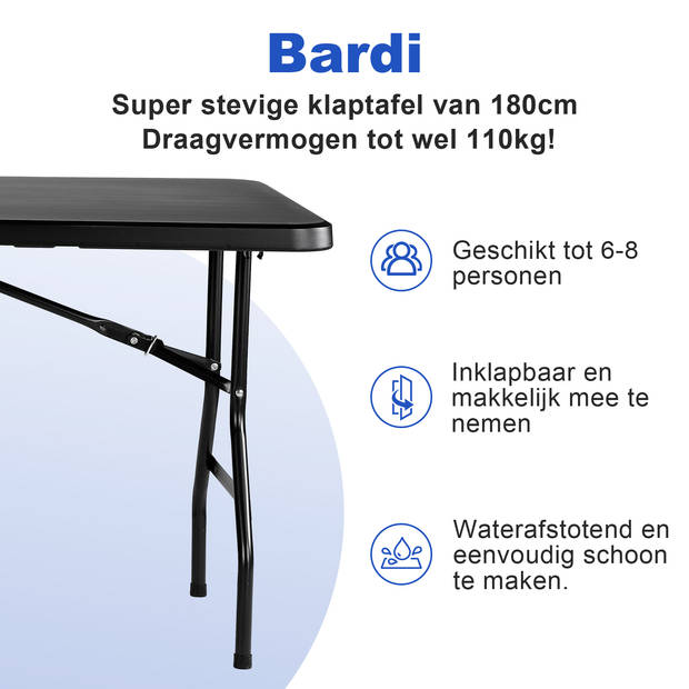 Bardi Zwarte Inklapbare Campingtafel 180x75 cm inclusief Tijger rok