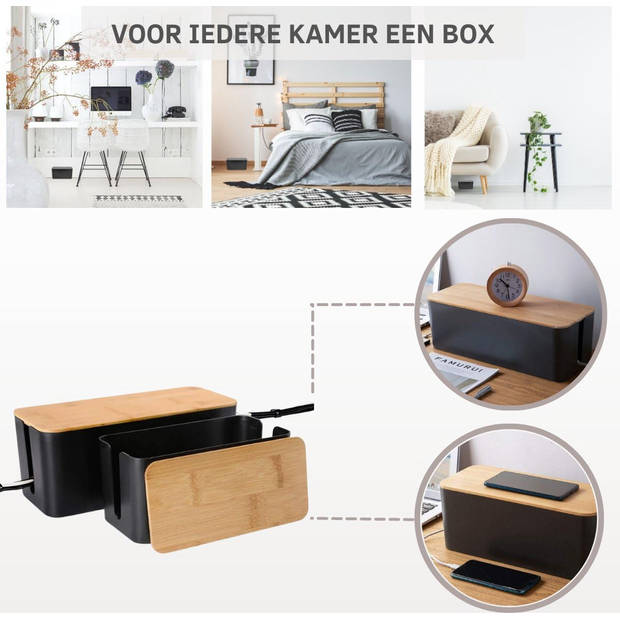 Kabelbox Zwart Bamboe (SET) - Kabel Opbergbox Stekkerdoos - Kabel Organiser Bureau - Kabelbox Stekkerdoos - CableBox