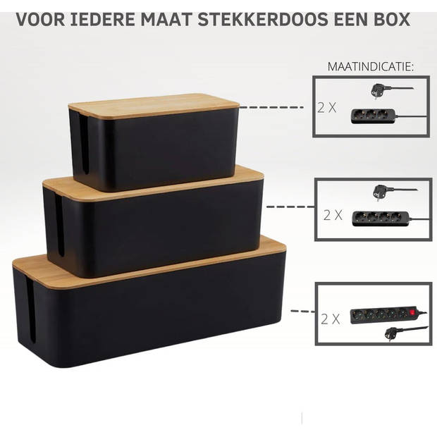 Kabelbox Zwart Bamboe (SET) - Kabel Opbergbox Stekkerdoos - Kabel Organiser Bureau - Kabelbox Stekkerdoos - CableBox