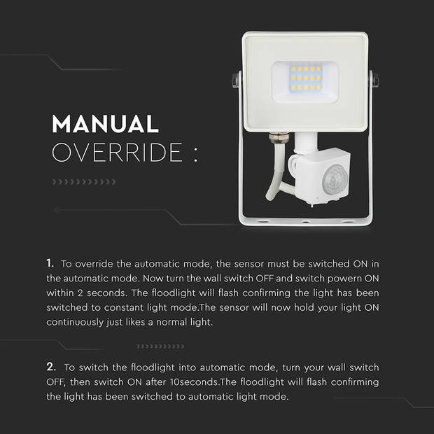 V-TAC VT-10-S-W Draaibare LED Schijnwerpers met PIR Sensor - Samsung - IP65 - Wit - 10W - 800 Lumen - 4000K - 5 Jaar
