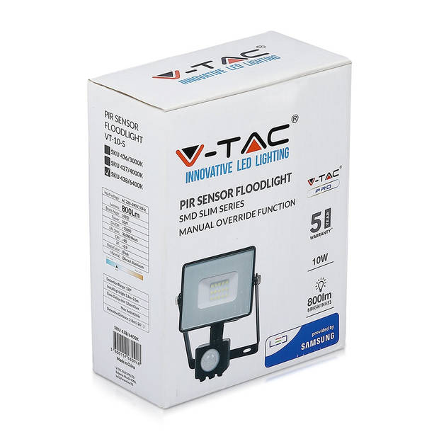 V-TAC VT-10-S-B Draaibare LED Schijnwerpers met PIR Sensor - Samsung - IP65 - Zwart - 10W - 800 Lumen - 4000K - 5