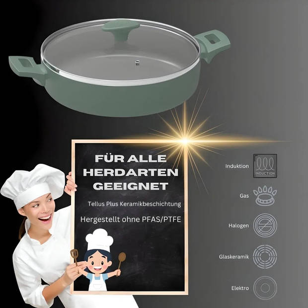 Michelino 28219 - Groene braadpan / Serveerpan met deksel - 28 cm - Groen