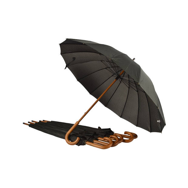 Six Sturdy Storm Umbrellas - Width: 102cm - Black & Dark Green - Wooden Handle - For Camping & Outdoor