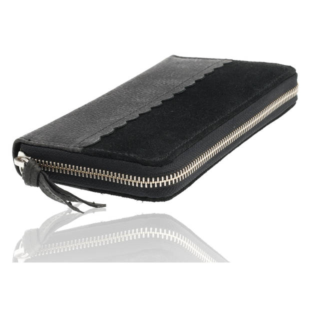 Women's Leather Wallet with Zipper RFID Protection Black Leather Wallet 20x10x2.5cm 12 Card Slots, Cash & Coin