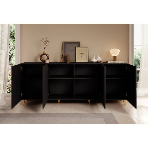 Meubella Dressoir Palamos - Mat zwart - 200 cm