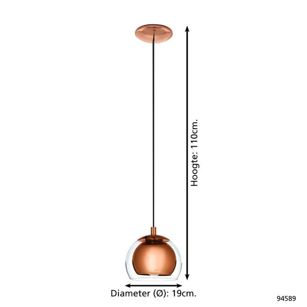 EGLO Rocamar hanglamp - E27 - Ø19 cm - glas - Koperkleurig