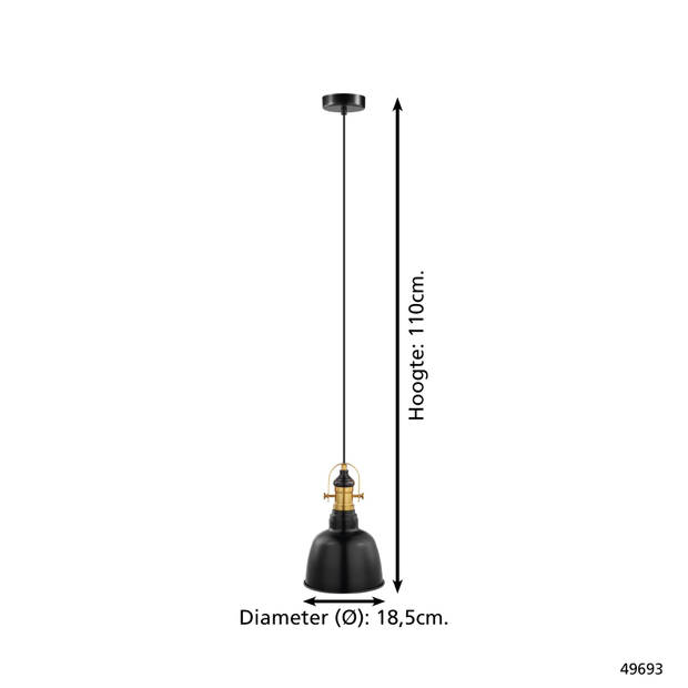 EGLO Vintage Gilwell - Hanglamp - 1 Lichts - Zwart, Brons