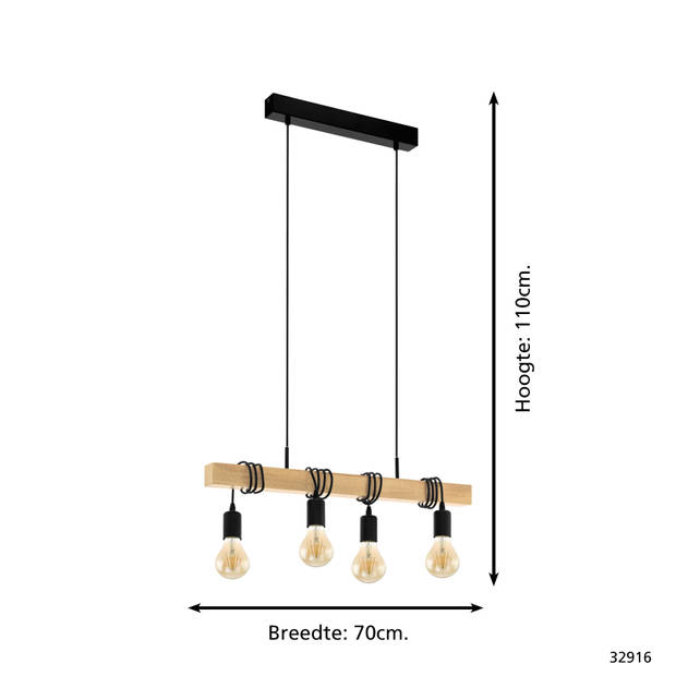 EGLO Townshend Hanglamp - E27 - 70 cm - Zwart/Bruin