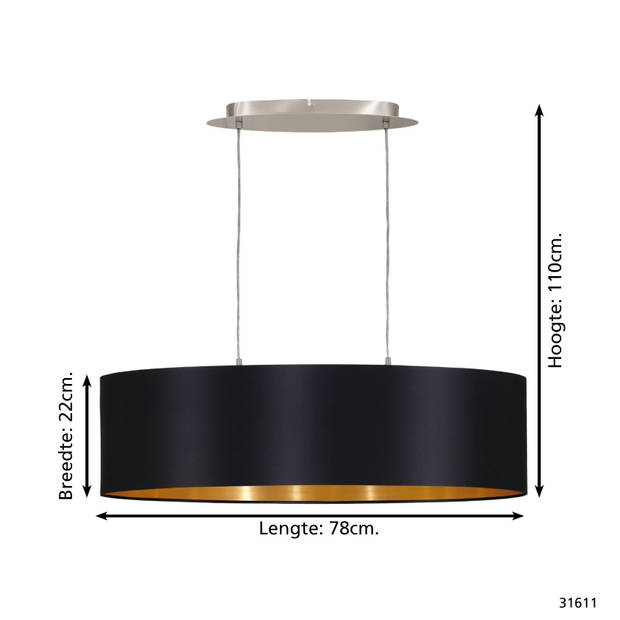 EGLO Maserlo - Hanglamp - 2 Lichts - 78cm - Nikkel-Mat - Zwart, Goud