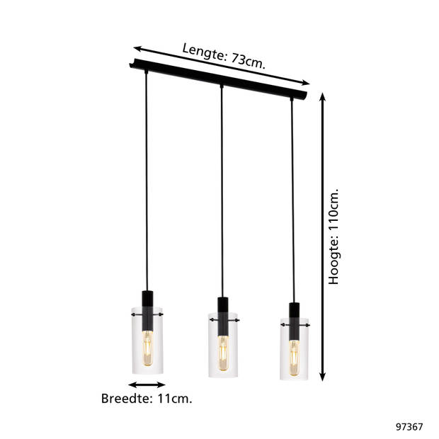 EGLO Montefino - hanglamp - 3-lichts - E27 - zwart/glas