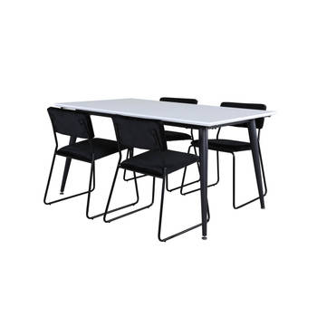 Jimmy150 eethoek eetkamertafel uitschuifbare tafel lengte cm 150 / 240 wit en 4 Kenth eetkamerstal velours zwart.