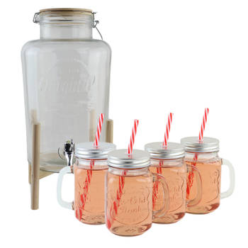 OTIX Drankdispenser - met Drinkbekers - Limonadetap - met Houten Houder - 8l - Mason jar - Set van 4