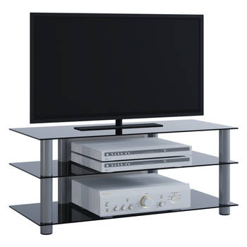 Zumbo TV-meubels met 3 glazen legplanken, Zilverkleurig, zwart glas.
