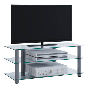Zumbo TV-meubels met 3 glazen legplanken, Zilverkleurig, helder glas.
