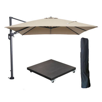 Garden Impressions Hawaii zweefparasol 300x300 cm carbon black / taupe met 90kg verrijdbare parasolvoet en parasolhoes