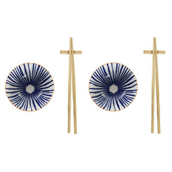 6-delige sushi serveer set aardewerk voor 2 personen blauw/wit - Bordjes