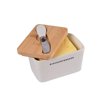 Botervloot met Bamboe Deksel Incl. RVS Botermes Wit & Beige 14 cm x 9.5 cm x 8.5 cm Ideaal voor Huishouden en