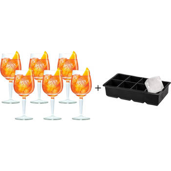 Aperol Spritz Glazen - 450 ml - Officeel Glas - 6 stuks + ijsblokjesvorm voor 8 grote ijsblokjes