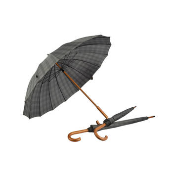 Triade van Robuuste Grijze Geruite Stormparaplu's: Voorzien van Houten Stok & Handvat, Elke Met 102cm Diameter en 16
