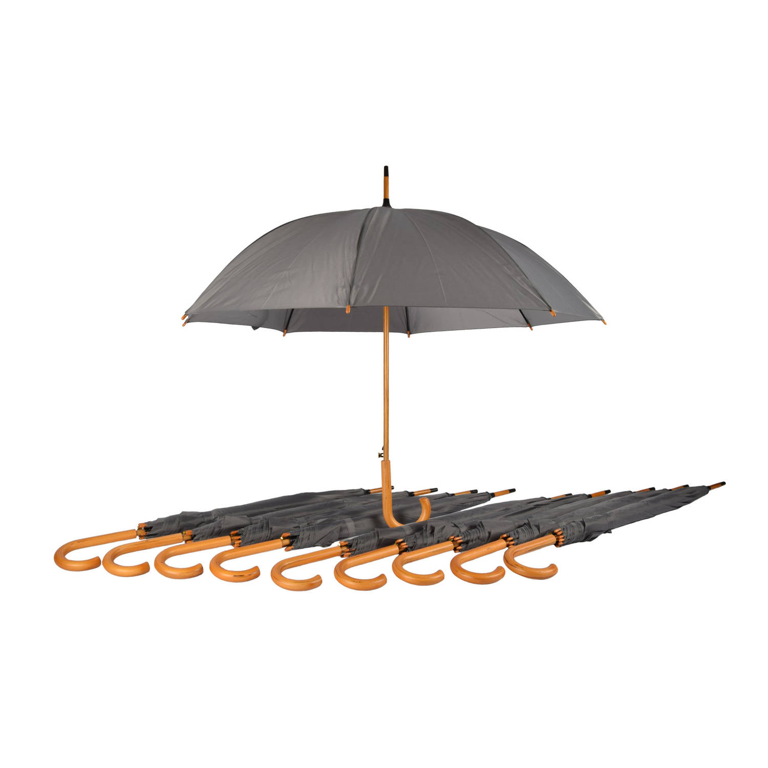 Voordelpak: Set van 10 Grijze Opvouwbare Paraplu's met Houten Handvat - Voor Heren en Dames| 98cm Diameter | Windproof & Automatisch