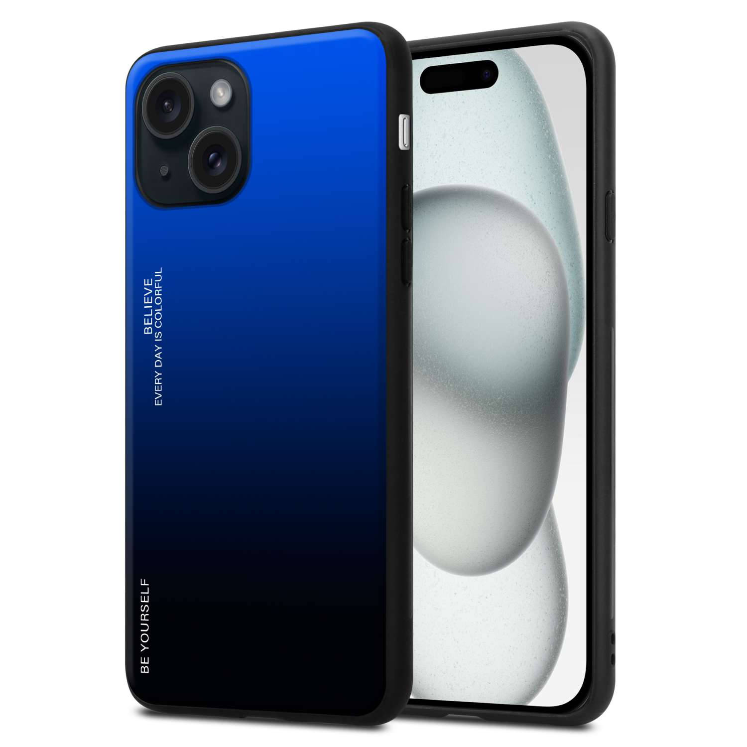 Cadorabo Hoesje voor Apple iPhone 15 in BLAUW - ZWART - Tweekleurige beschermhoes van TPU-silicone Case Cover en achterzijde van gehard glas