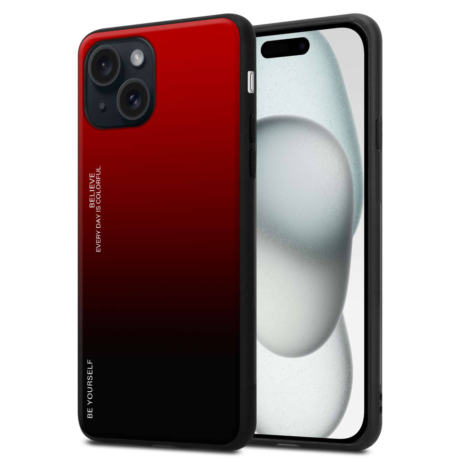 Cadorabo Hoesje voor Apple iPhone 15 in ROOD - ZWART - Tweekleurige beschermhoes van TPU-silicone Case Cover en achterzijde van gehard glas