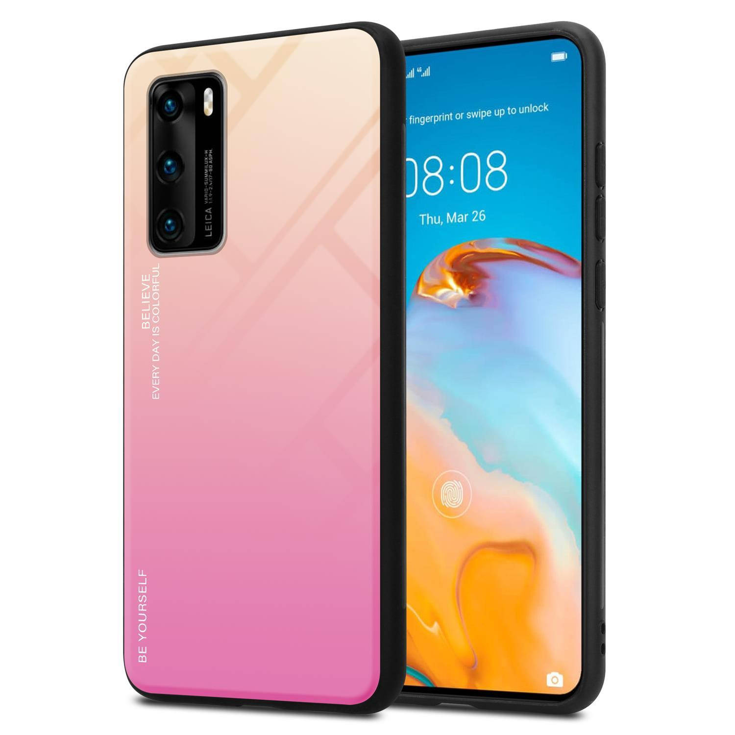 Cadorabo Hoesje voor Huawei P40 in GEEL - ROZE - Tweekleurige beschermhoes van gehard glas en TPU-siliconen