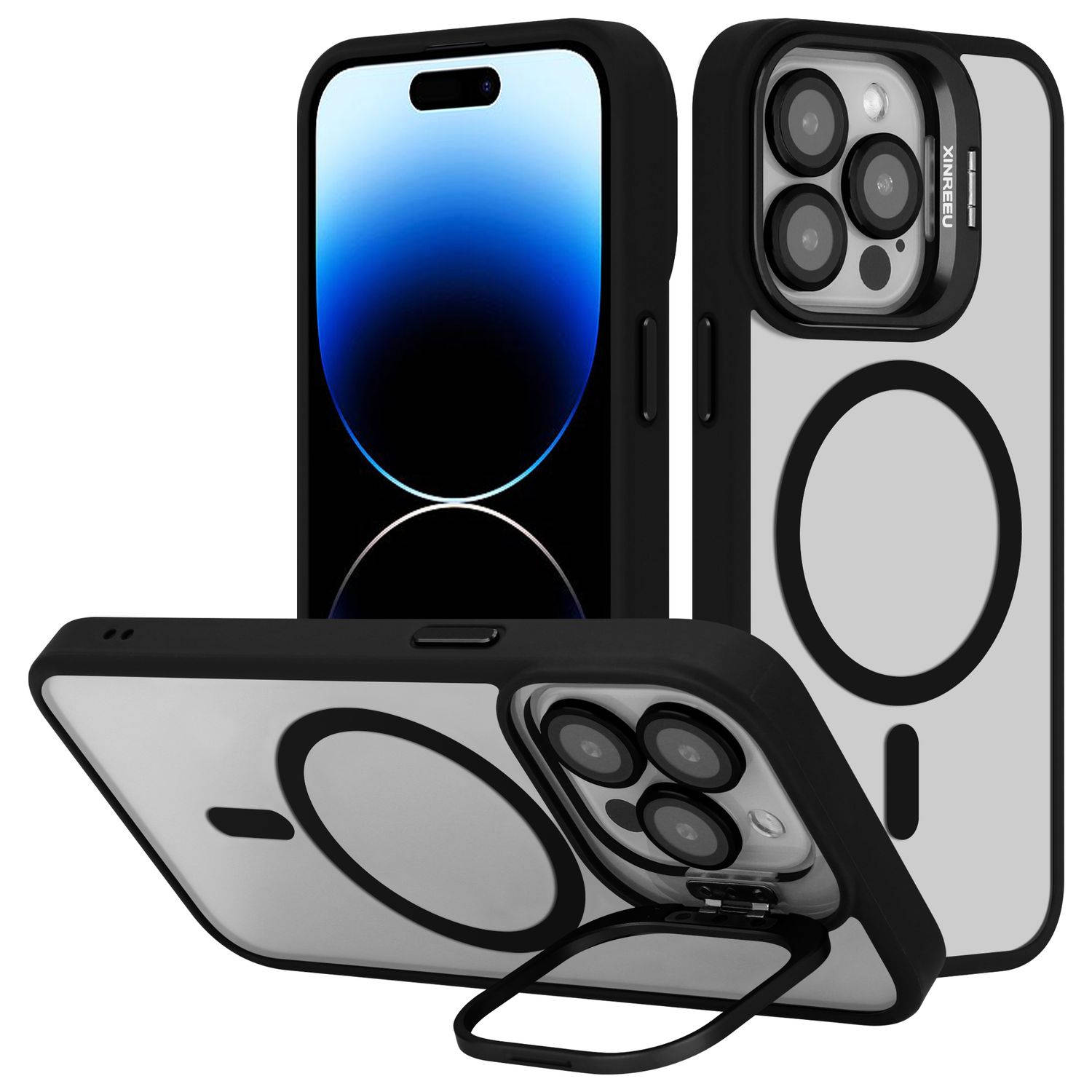 Cadorabo Hoesje geschikt voor Apple iPhone 14 PRO in Zwart geschikt voor MagSafe en standfunctie inclusief cameralensbescherming TPU-siliconenrand