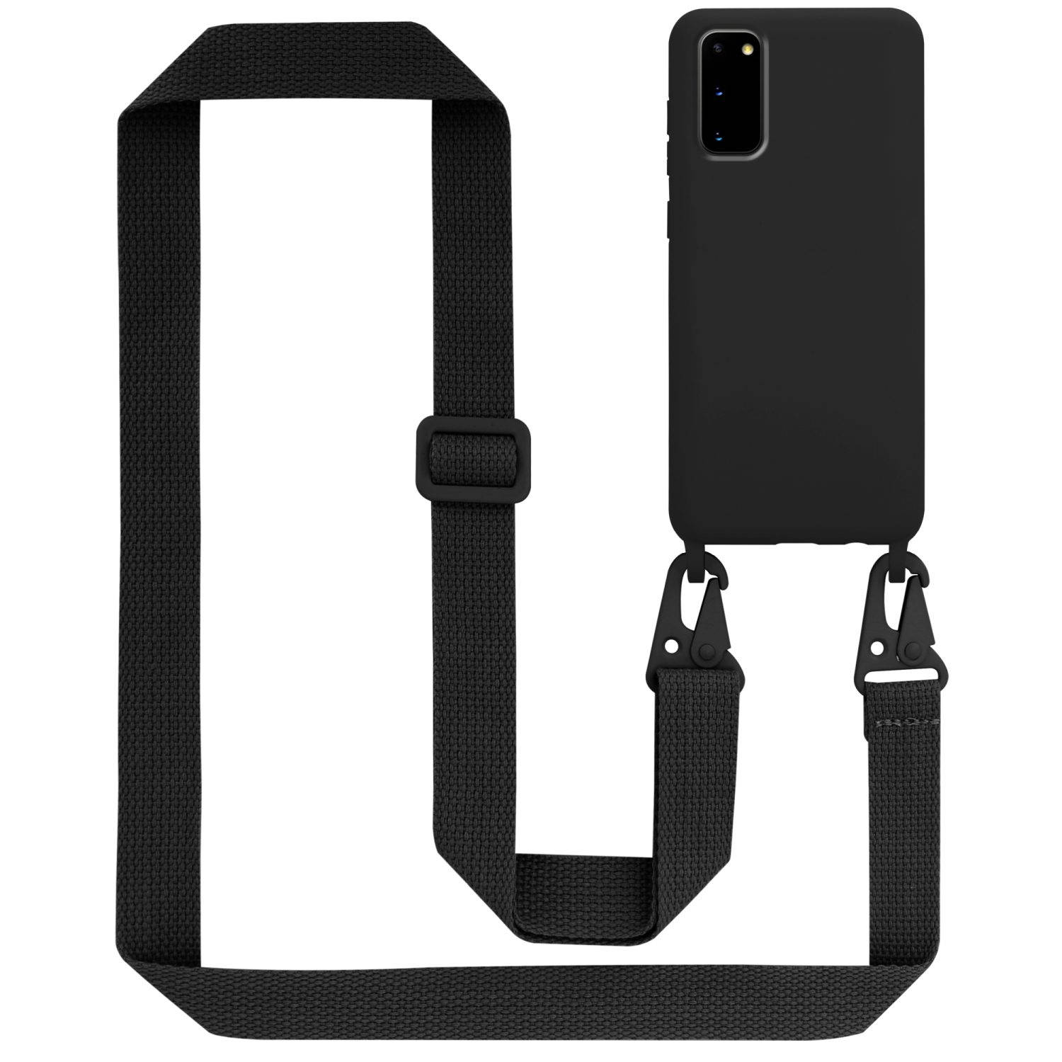 Cadorabo Mobiele telefoon ketting voor Samsung Galaxy S20 in LIQUID ZWART - Silicone beschermhoes met lengte verstelbare koord riem