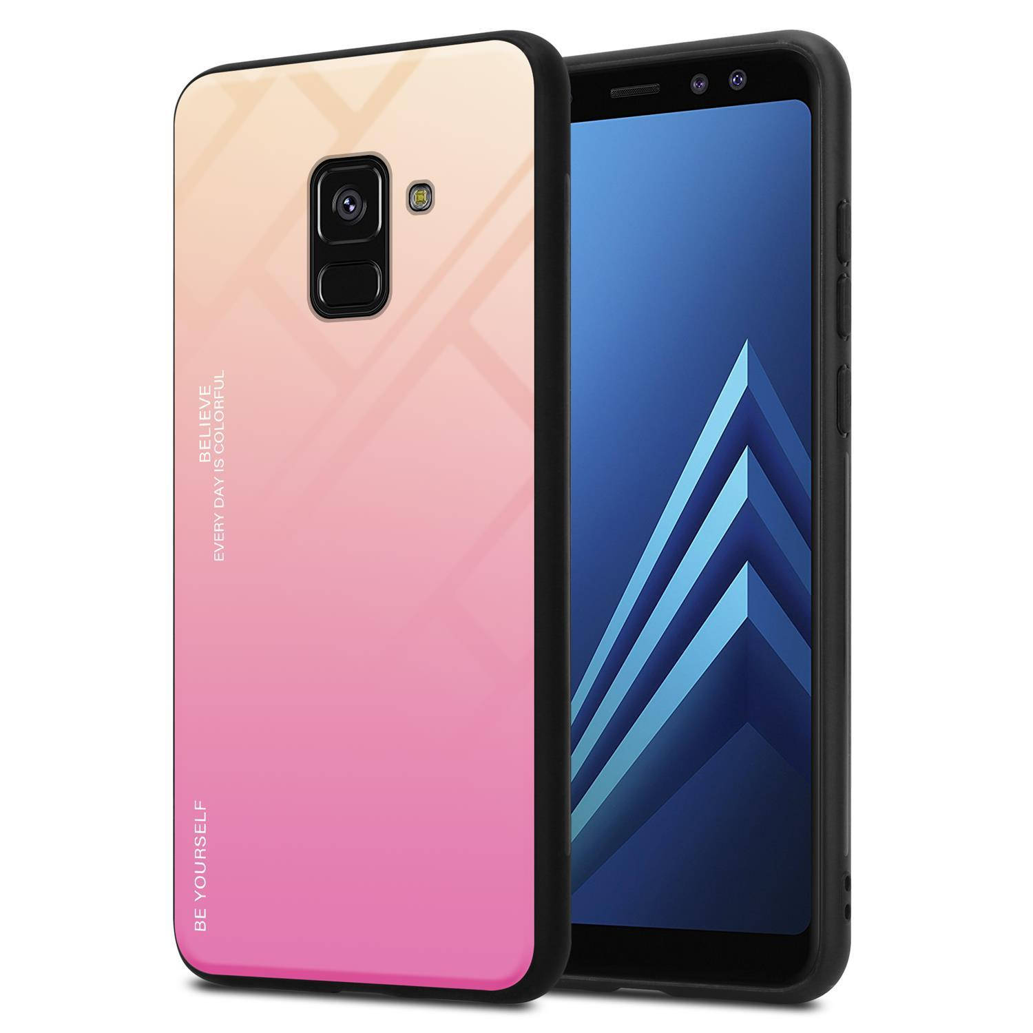 Cadorabo Hoesje voor Samsung Galaxy A8 2018 in GEEL - ROZE - Tweekleurige beschermhoes van gehard glas en TPU-siliconen